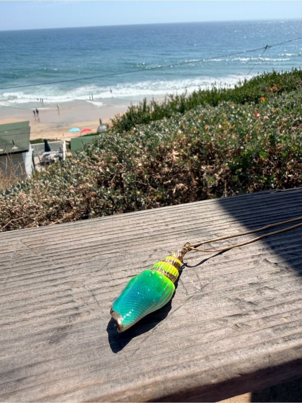 Coastal Seashell Pendant Necklace Gold Tone Green Blue Yellow Beach Style